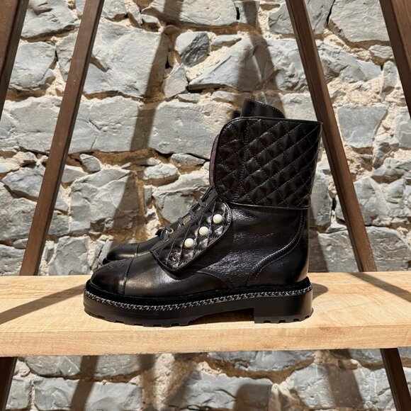 Chanel Glossy Black Pearl Chain CC Embellished Combat Boots - Picture 6 of 14